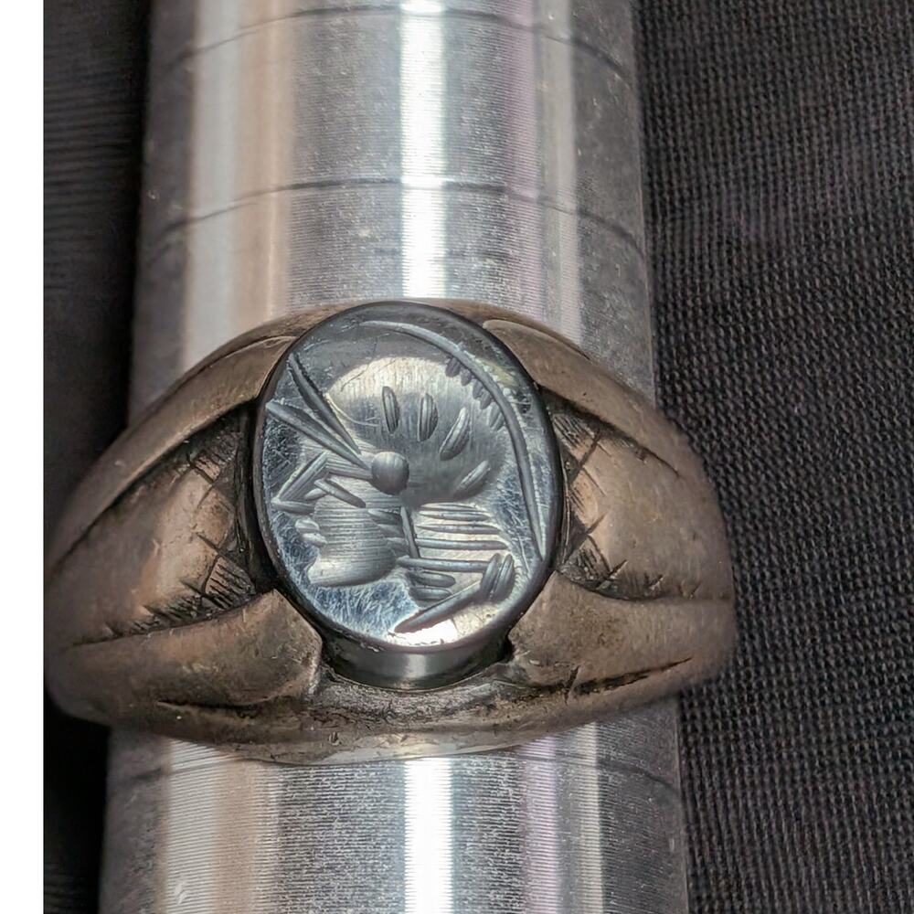 Sterling Silver Men's Ring 9 Silver Carved Hematite Intaglio Soldier Signet READ